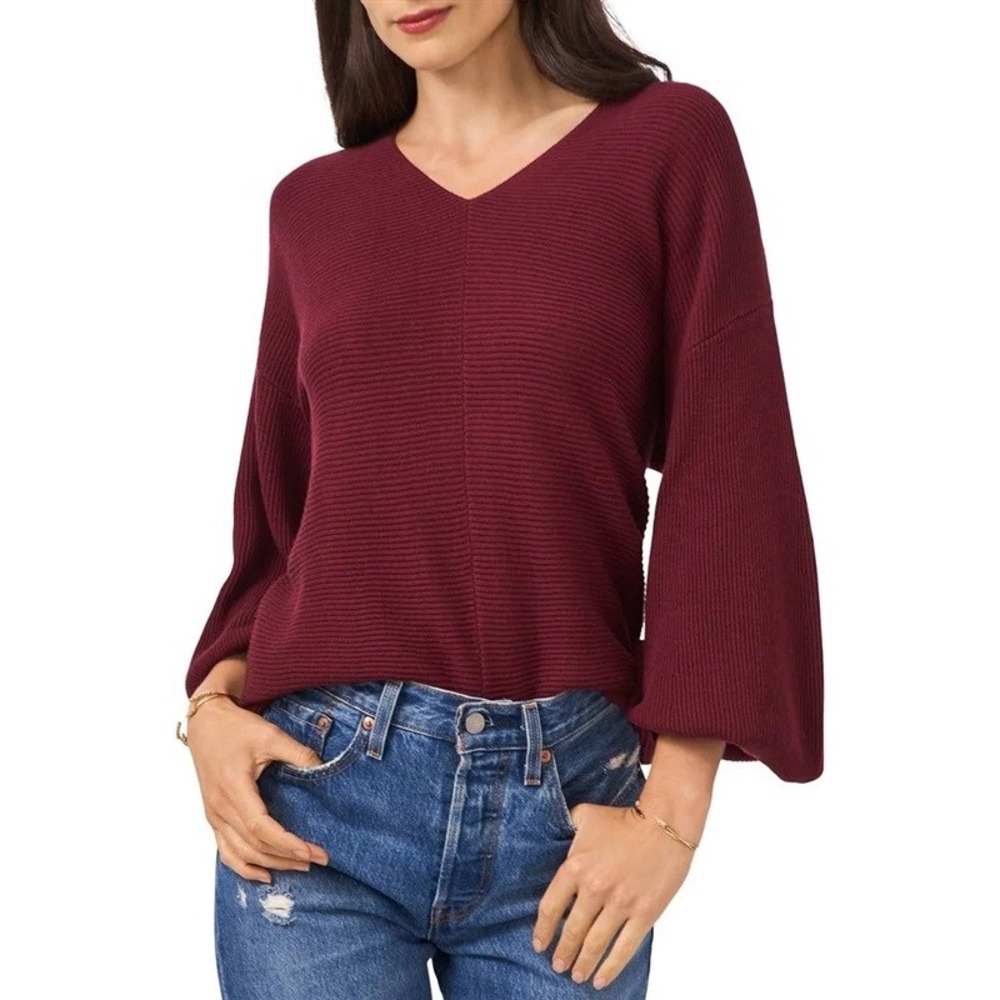 NWOT 1.State XXS Balloon-Sleeve Cotton Knit V-Neck Sweater Burgundy 131986